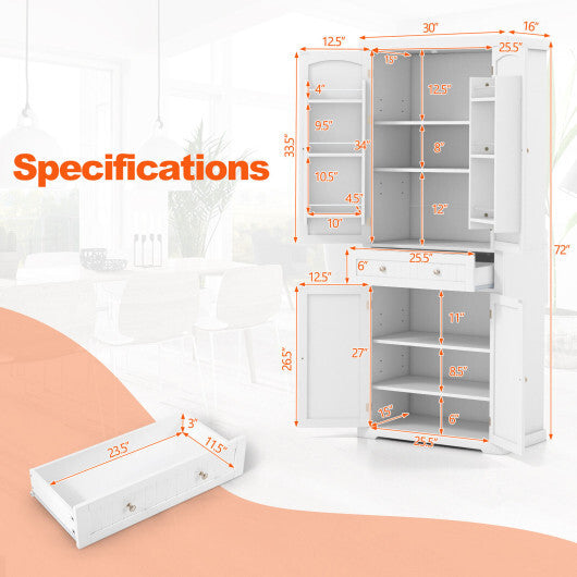 72 Inch Freestanding Kitchen Pantry Cabinet 4 Doors Storage Cupboard Shelves Drawer-White