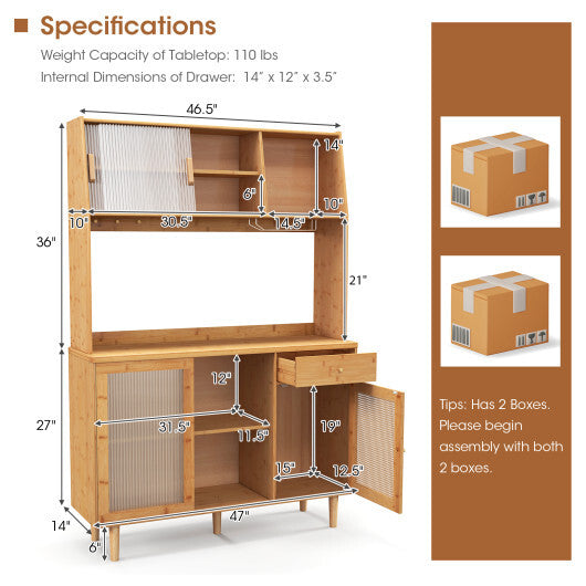 69 Inch Wine Bar Kitchen Cabinet with Sliding Tempered Glass and Rattan Door-Natural