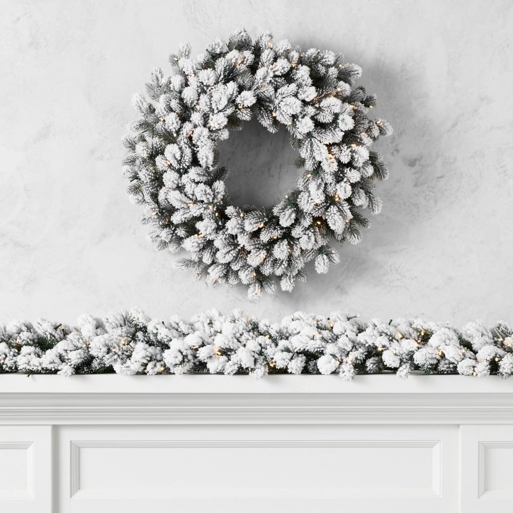 Jeff Leatham x Williams Sonoma Winter White Flocked Pre-Lit Wreath & Garland